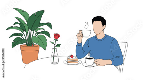 Casual man sitting at a cafe table enjoying a cup of hot coffee with a piece of cake and a red rose nearby in a minimalist setting.