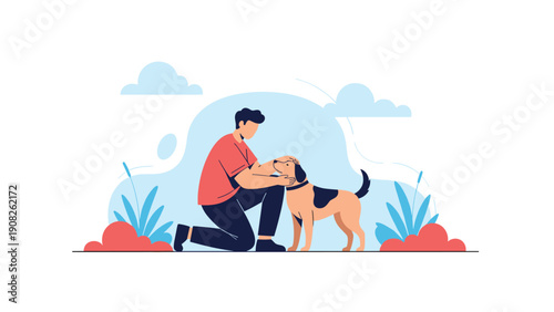 Caring man kneeling down to gently pet his loyal dog in a peaceful outdoor park setting with blue sky and green plants.