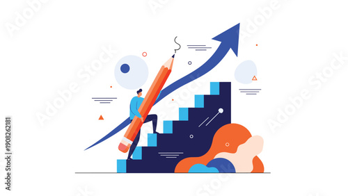 Motivated man climbing a set of stairs while carrying a large pencil to draw an upward pointing arrow representing education and career growth.