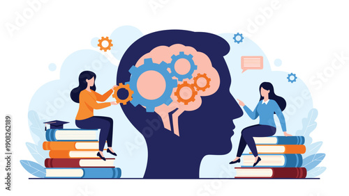 Two professional women standing on stacks of books and manipulating gears inside a giant human head representing mental processing and education.