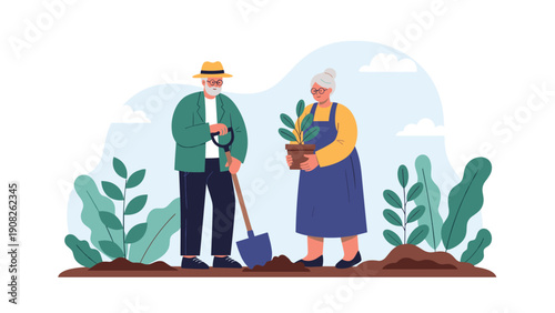 Elderly couple working together in a garden, digging soil and planting a tree, showing a healthy and active retirement lifestyle.