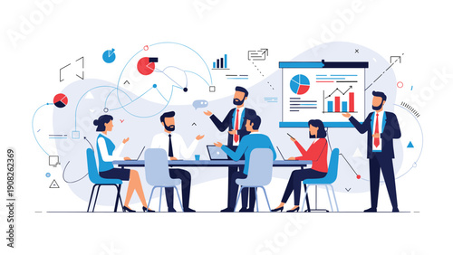 Group of business professionals having a meeting around a table to discuss financial reports and market data projections.
