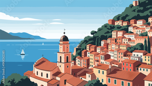 Charming coastal town with colorful houses and a historic church overlooks a serene blue sea with white sailboats under a clear sky.