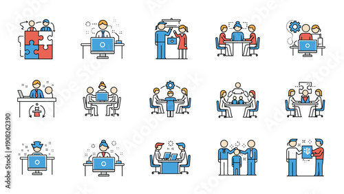Extensive set of flat vector icons depicting diverse office collaboration, teamwork, meeting scenarios, and professional business interactions at work.