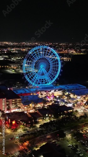 Icon Park At Orlando In Florida United States. Illuminated Park. Universal Orlando Scene. Night City Scenery. Florida United States. Icon Park At Orlando In Florida United States. 