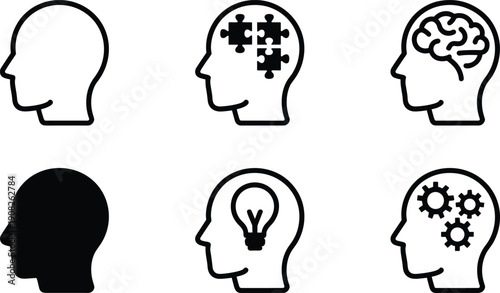 Five black and white head with different brain concepts