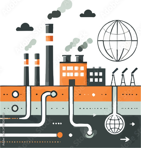 Industrial factory with smoking chimneys and global connection diagram