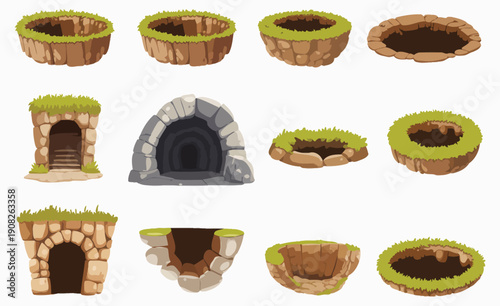 Burrows and Caves Vector Illustration – Cartoon Ground Holes and Dirt Elements Set
