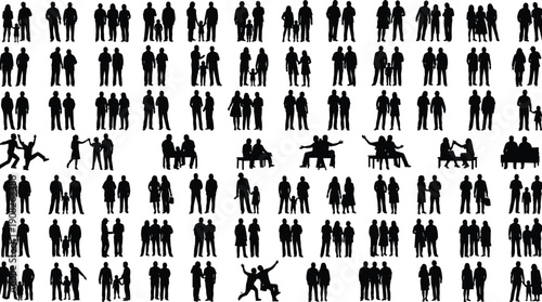 Silhouettes of people in diverse social interactions including families, couples, and groups in playful and conversational poses