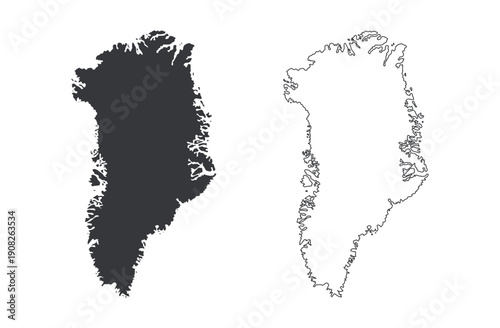 Bundle of outline and solid glyph icons featuring Greenland map, representing North Pole icy island continent,