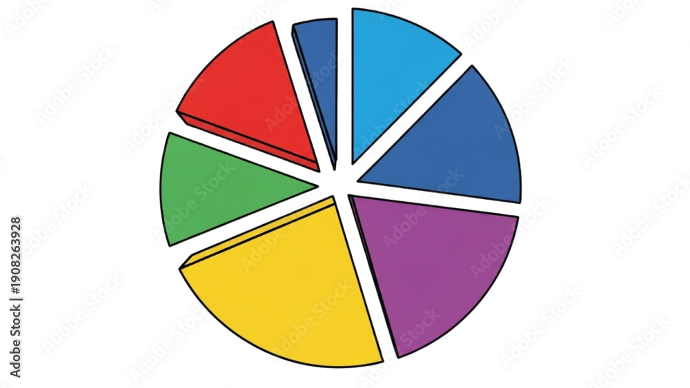 Fototapeta premium A colorful pie chart divided into eight sections displayed on a clean background from a direct viewpoint