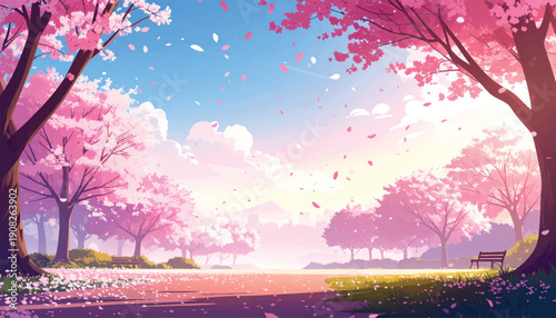 Vibrant sakura avenue beneath clear blue sky. Petal filled boulevard in luminous daylight. Colorful park panorama for travel campaign