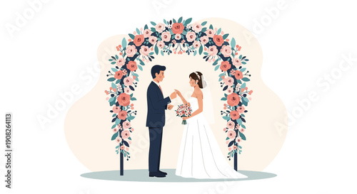 Wedding Ceremony Arch with Couple Exchanging Vows - Floral Bridal Illustration
