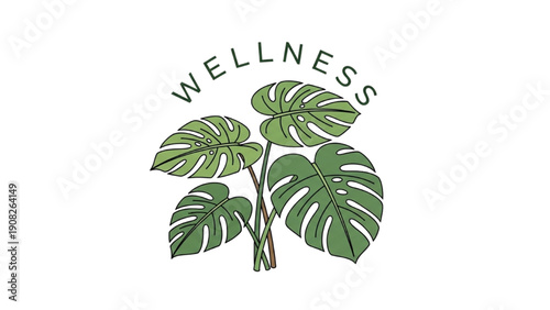 Serene Wellness Scene with Monstera Plant and Green Leaves Illustration
