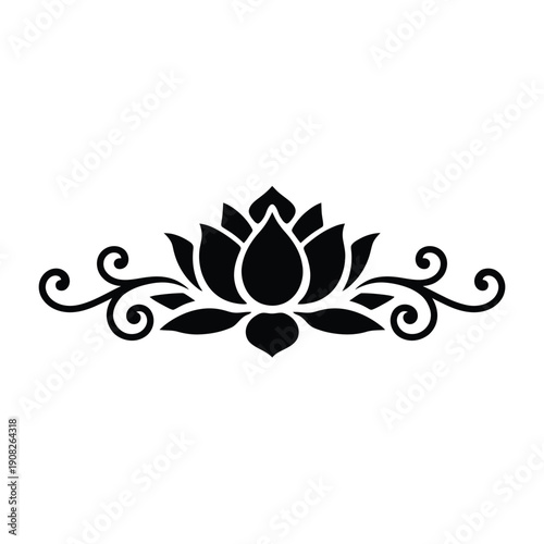 Elegant black lotus flower illustration with symmetrical swirling decorative elements