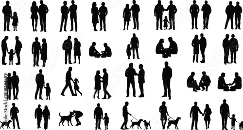 Silhouettes of people in pairs and groups showing family, couples, children, and companionship activities