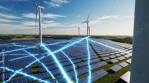 Wallpaper Mural Wind Turbines and Solar Panels with Glowing Clean Energy Lines, Renewable Energy and Sustainability Concept, Eco Friendly Technology, Cinematic Aerial 4K Video Torontodigital.ca