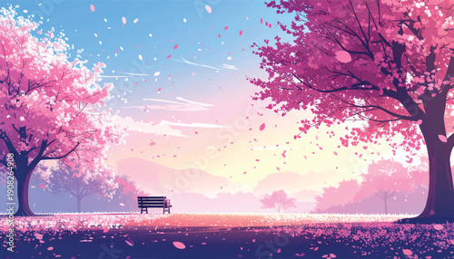 Serene blossom meadow at glowing sunset. Romantic evening landscape with drifting petals. Warm horizon illustration for lifestyle brand