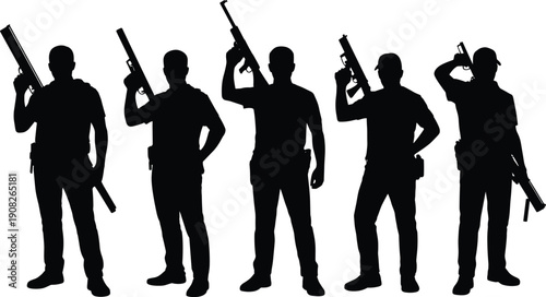 Armed security guard silhouette set, tactical men holding rifles and shotguns in different poses, military police protection concept isolated on white
