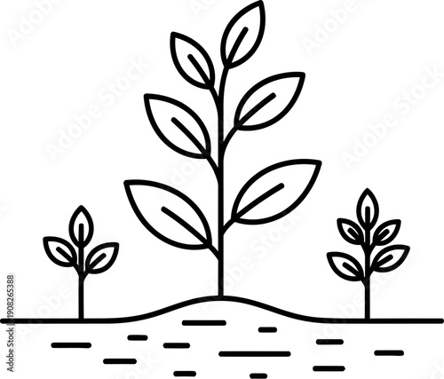 Minimalist line art illustration depicting the concept of agricultural growth featuring three distinct plants emerging from the soil representing stages of development and sustainability.