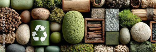 Natural materials are arranged in a wooden tray for Earth Day. Recycling symbols are visible on stones and moss, promoting eco-friendly activities and awareness