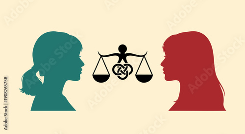 Silhouette illustration of women in teal and red facing a scale of justice with a knot symbol for gender equality and balance