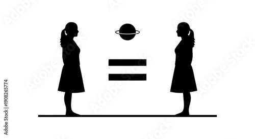 Minimalist silhouette of two women facing a globe symbol with an equals sign representing global gender equality