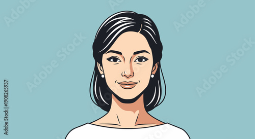Minimalist vector illustration portrait of a beautiful young woman with dark hair and elegant features smiling gently against a solid blue background