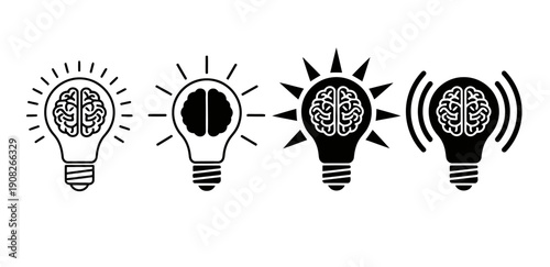 Set of four icons representing the concept of idea, innovation, and thinking with a brain inside a lightbulb