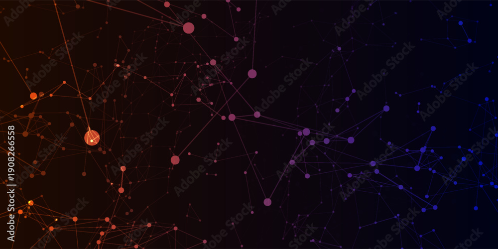 Fototapeta premium Abstract dark technology background featuring interconnected dots and lines forming a digital network across warm orange, purple, and cool blue gradients.