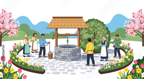 Village Well Scene with People and Spring Flowers