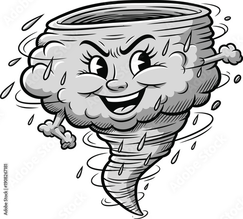 Scary Tornado Character with Smiling Face, Spinning Wind and Rain Drops - Flat Design Vector Illustration