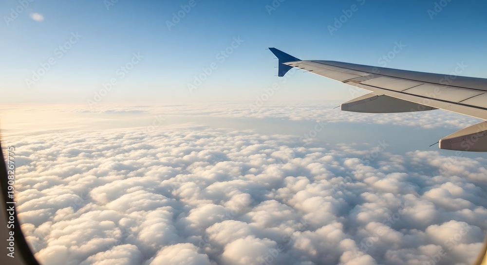 Fototapeta premium Airplane wing flying above white clouds in sky