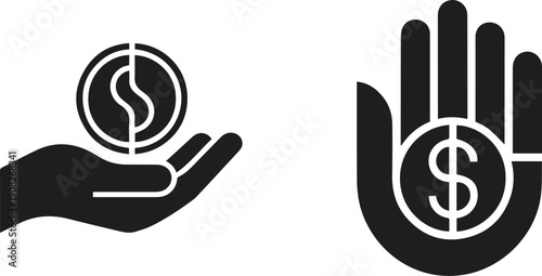 Two distinct icons depicting a hand holding a coin with a dollar sign, one open palm, the other a closed palm.