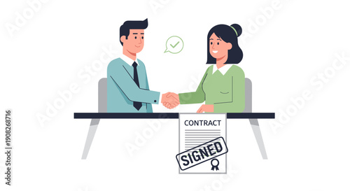 Man and Woman Shaking Hands Over Contract.