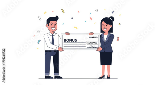Man and woman holding large bonus cheque.
