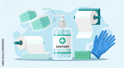 Sanitizer Bottle with Gloves and Toilet Paper.