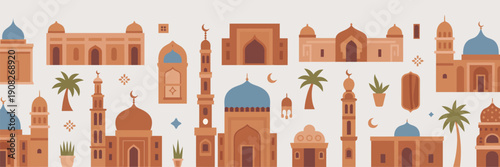Moghul and Moroccan Design Vector – Earthy Colored Buildings, Plants, and Palm Trees Collection
