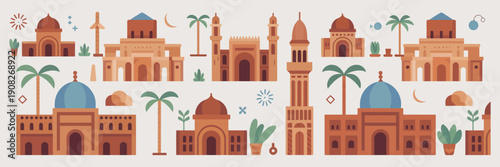 Moghul and Moroccan Design Vector – Earthy Colored Buildings, Plants, and Palm Trees Collection
