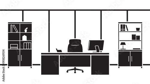 Modern office workspace with minimalist desk and chair in monochromatic color scheme on white background for corporate branding