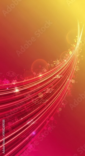Dynamic streaks of light flow across a vibrant gradient background in shades of red and gold.