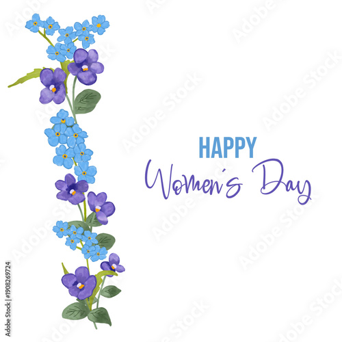 Hand-painted watercolor floral frame and wreath illustration featuring blue forget-me-nots and violet flowers, designed for Women’s Day and spring celebration projects. Elegant botanical compositions