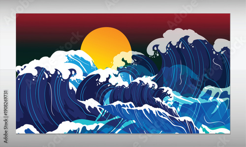 Tableau sur toile Japanese Style Ocean Waves with Bold Red Sun Background, Hokusai Inspired Flat V