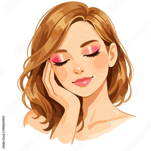 Young woman with glossy eyelids smiling and resting her cheek on hand  