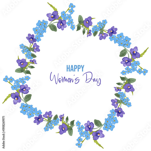 Hand-painted watercolor floral frame and wreath illustration featuring blue forget-me-nots and violet flowers, designed for Women’s Day and spring celebration projects. Elegant botanical compositions