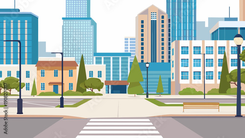 A colorful illustrated cityscape featuring modern and classic buildings