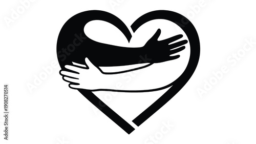 Heart hugging arms icon in black and white silhouette, love and care symbol for empathy, support, charity, mental health awareness, and community logo design