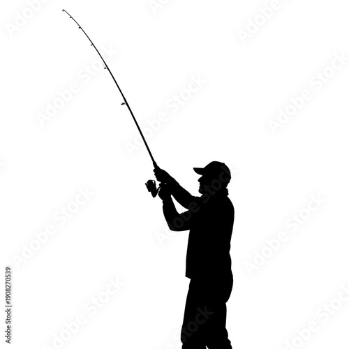 Silhouette of a Fisherman Casting a Fishing Rod for Recreation.