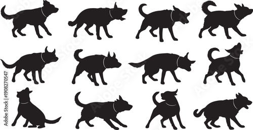 Black dog silhouettes in various poses and movements on white background