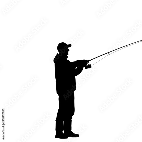 Silhouette of a fisherman casting a fishing rod, ready to catch fish.